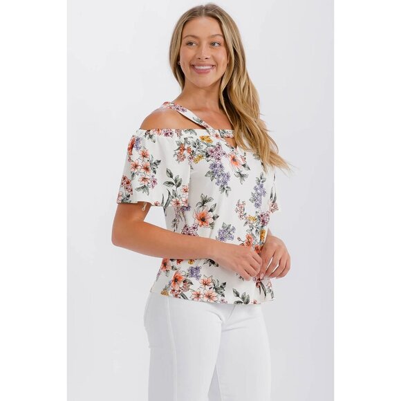 FLORAL KEYHOLE COLD SHOULDER BLOUSE - Picture 1 of 3
